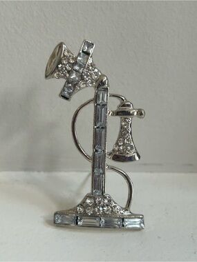 Vintage Rhinestone Rotary Phone Brooch - Silver Tone
